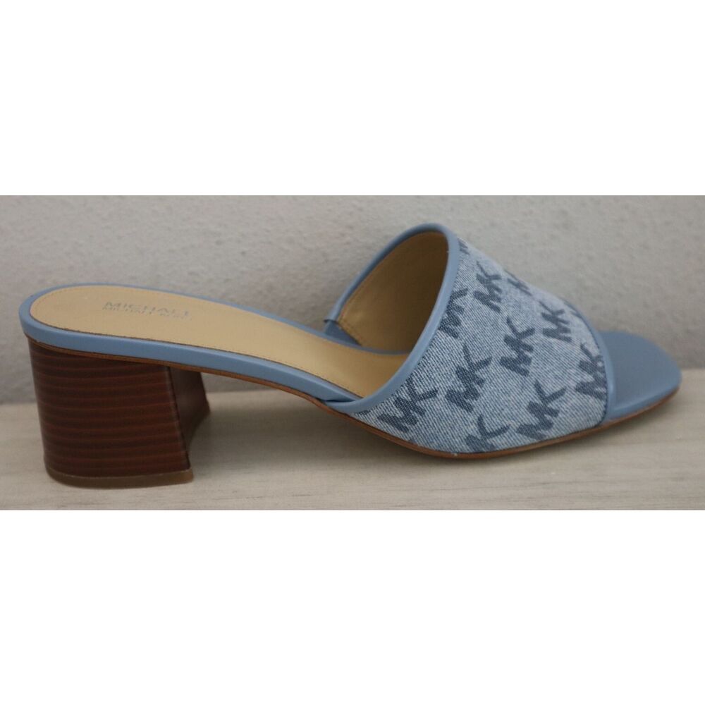 Michael Kors PV24K Women Sz 11M Blue Denim Logo Print Heeled Slides Sandals - Picture 7 of 10